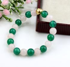Rose quartz & Green onyx beaded bracelet, With Metal bead, Adjustable bracelet